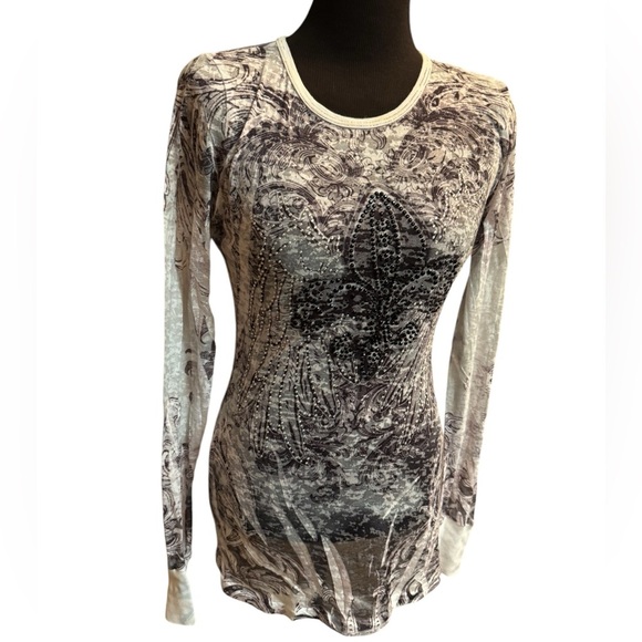 PARTY Sheer Women’s Fleur De Lis Rhinestone Burnout Long Sleeve Top Goth Concert - Picture 17 of 17